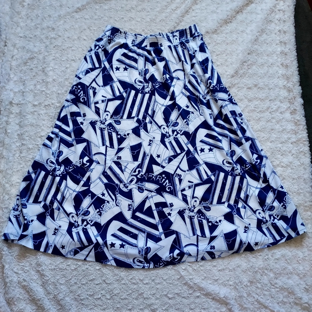 Blue & White Seafaring Nautical Circle Skirt Med Cruise Travel Coastal Resort